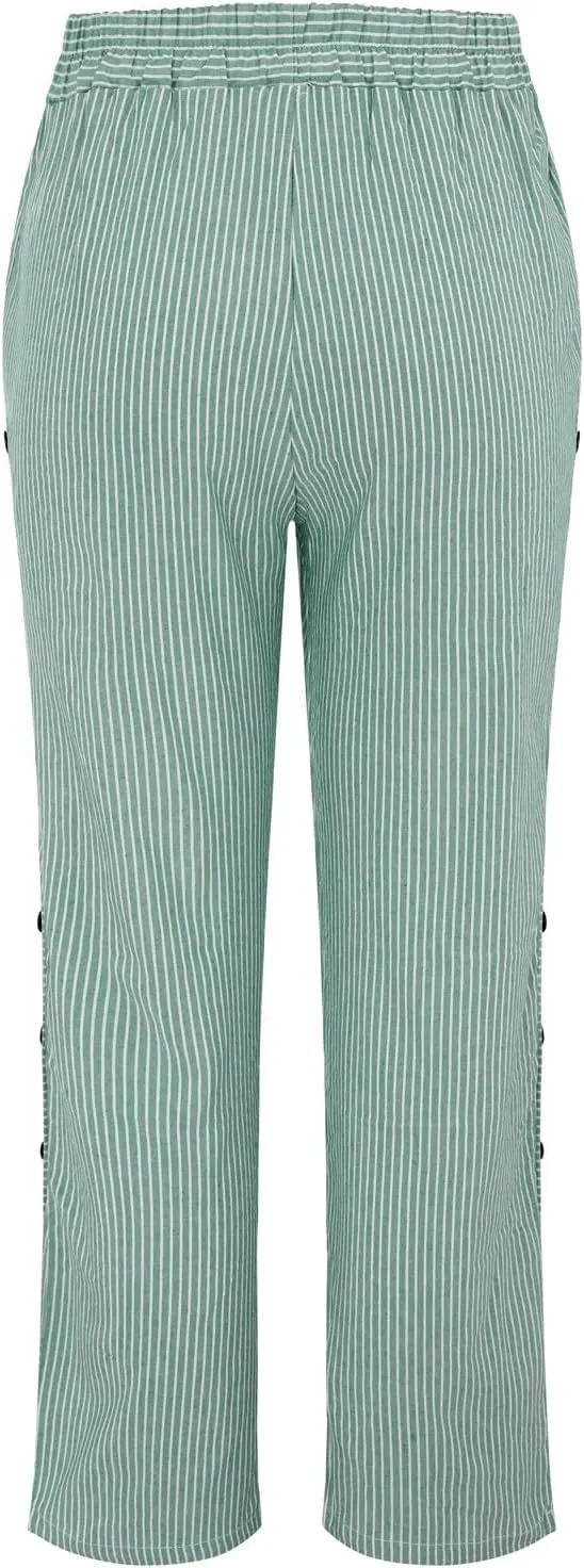 Womens Striped Linen Pants Casual High Waisted Wide Leg Cropped Pants Summer Beach Gauze Capri Trousers with Pockets