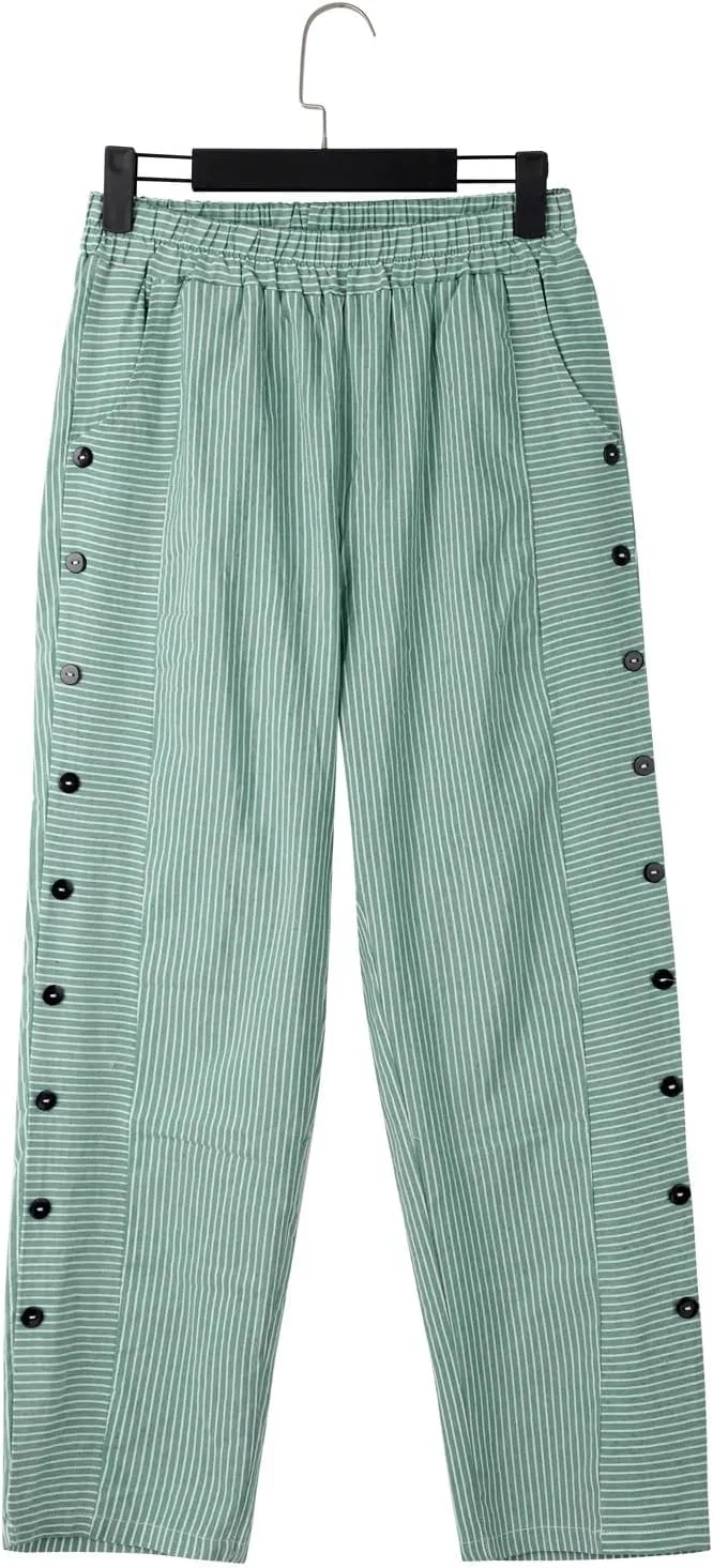 Womens Striped Linen Pants Casual High Waisted Wide Leg Cropped Pants Summer Beach Gauze Capri Trousers with Pockets