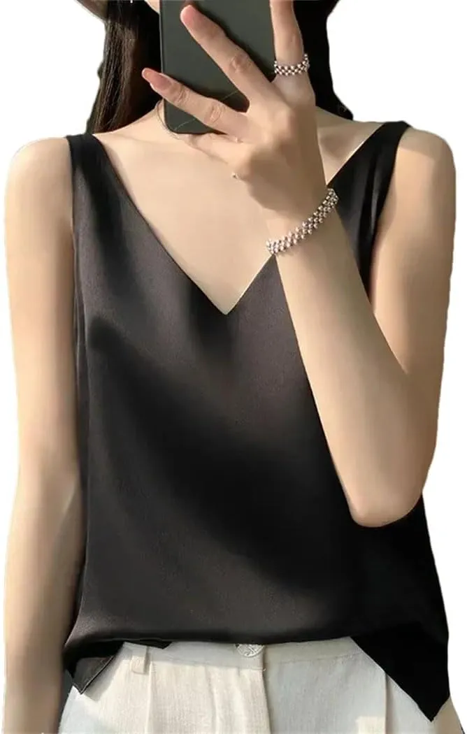 Women's V-Neck Silk Satin Camisole Tops Summer Solid Color Lightweight Blouse Vest
