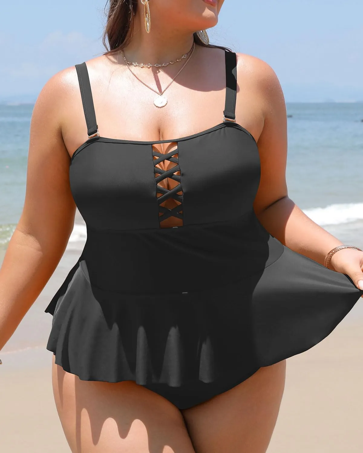 Yonique Plus Size Swimsuits for Women Tummy Control Two Piece Bathing Suits Peplum Tankini Tops High Waisted Swimwear