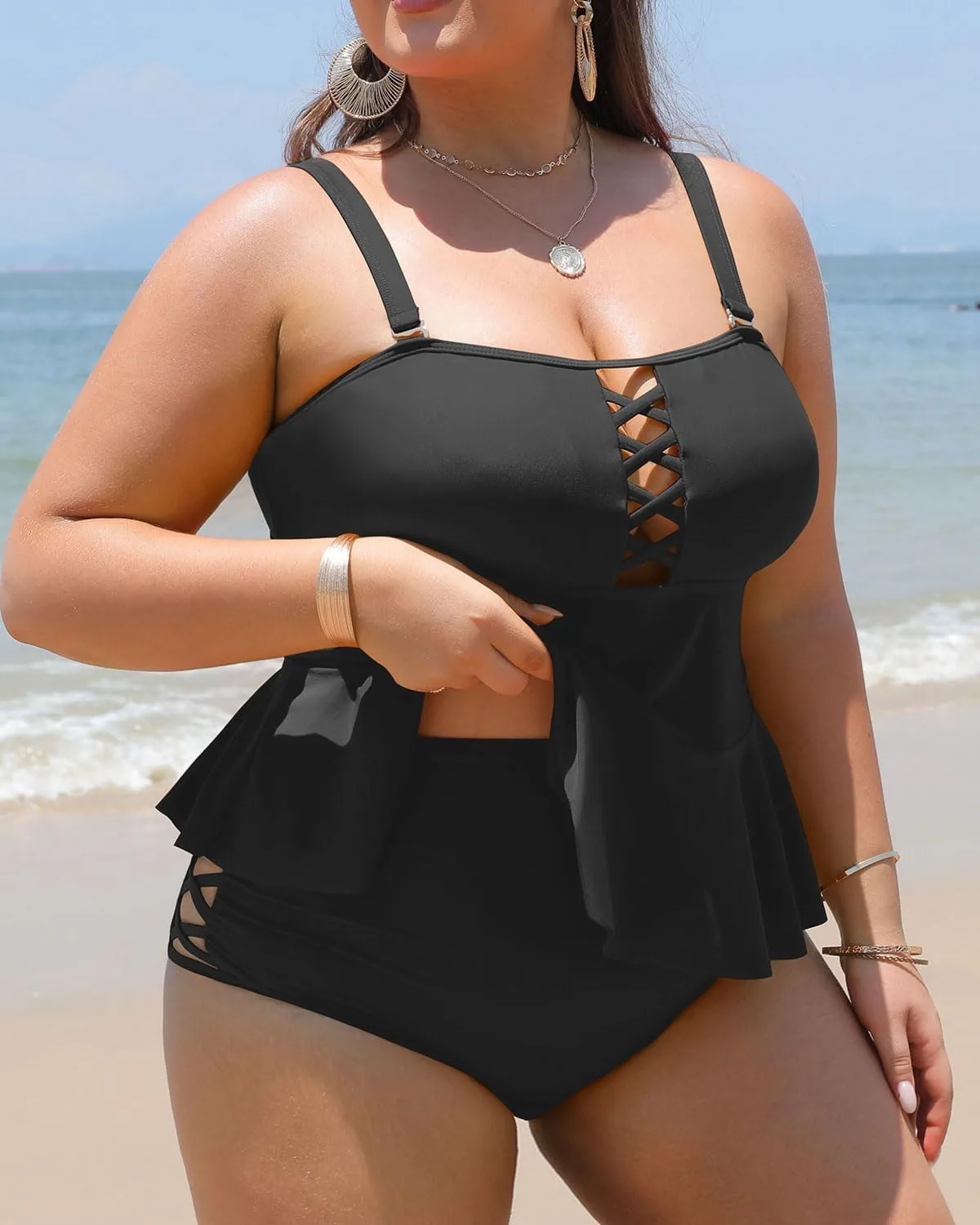 Yonique Plus Size Swimsuits for Women Tummy Control Two Piece Bathing Suits Peplum Tankini Tops High Waisted Swimwear