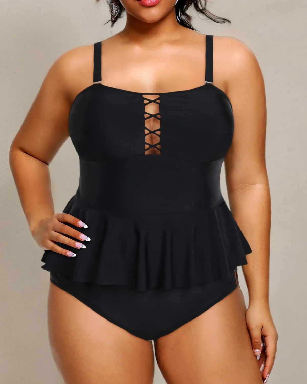 Yonique Plus Size Swimsuits for Women Tummy Control Two Piece Bathing Suits Peplum Tankini Tops High Waisted Swimwear
