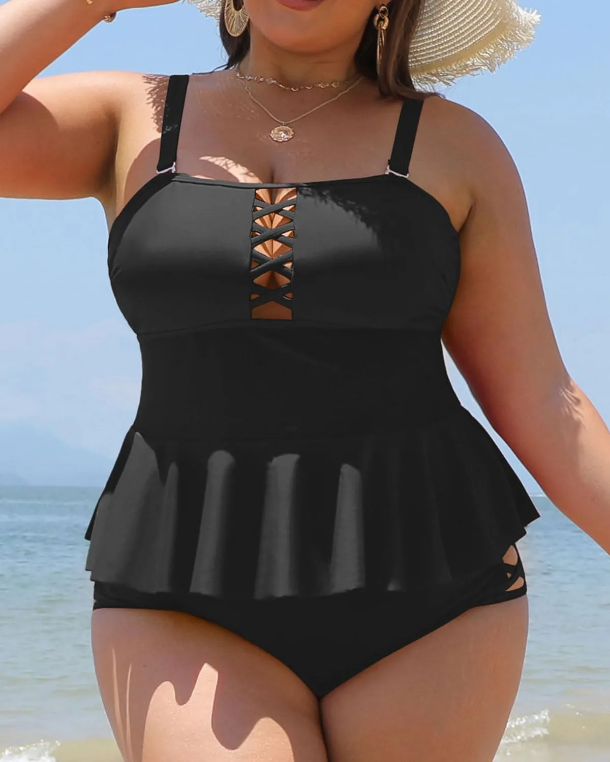 Yonique Plus Size Swimsuits for Women Tummy Control Two Piece Bathing Suits Peplum Tankini Tops High Waisted Swimwear