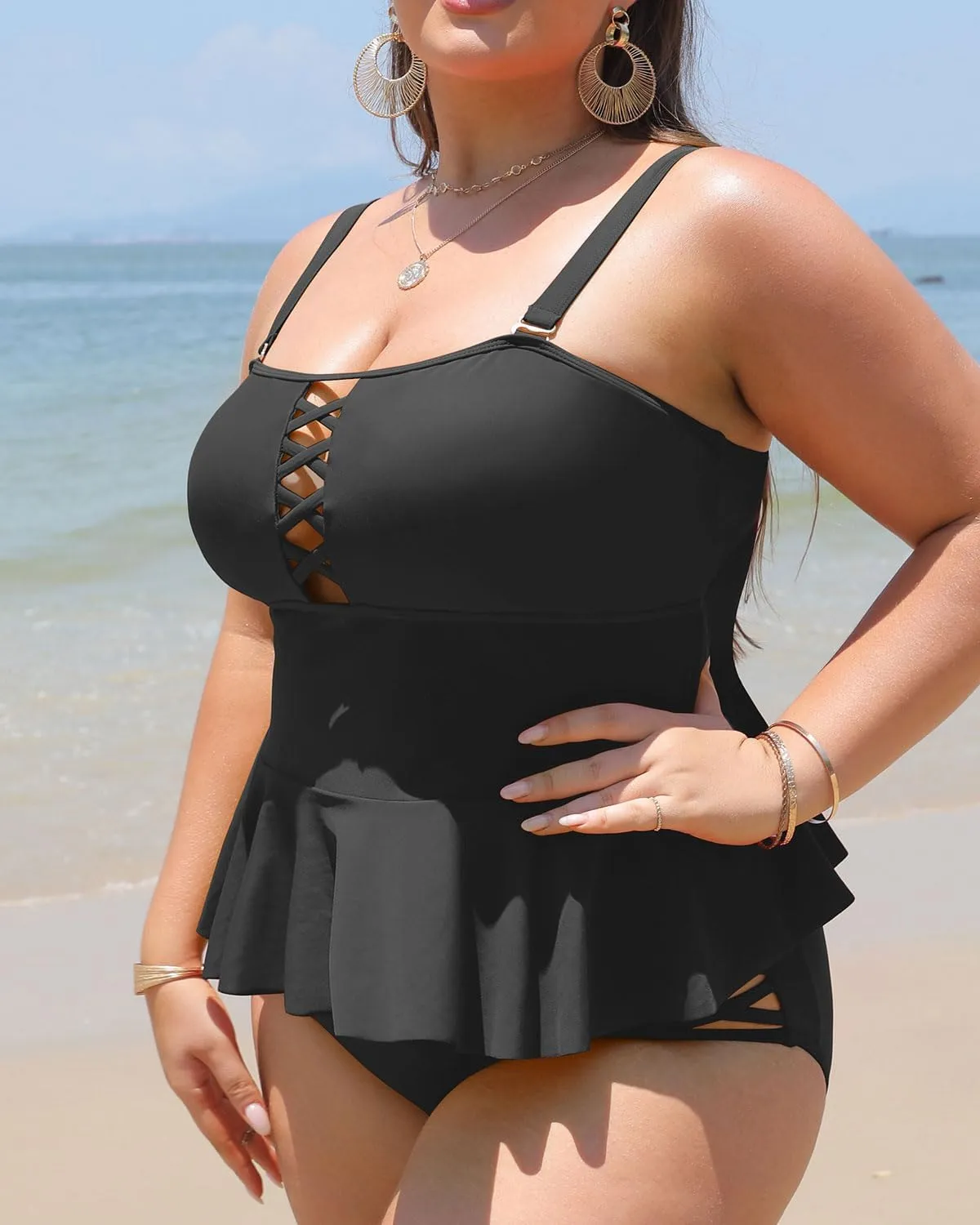 Yonique Plus Size Swimsuits for Women Tummy Control Two Piece Bathing Suits Peplum Tankini Tops High Waisted Swimwear