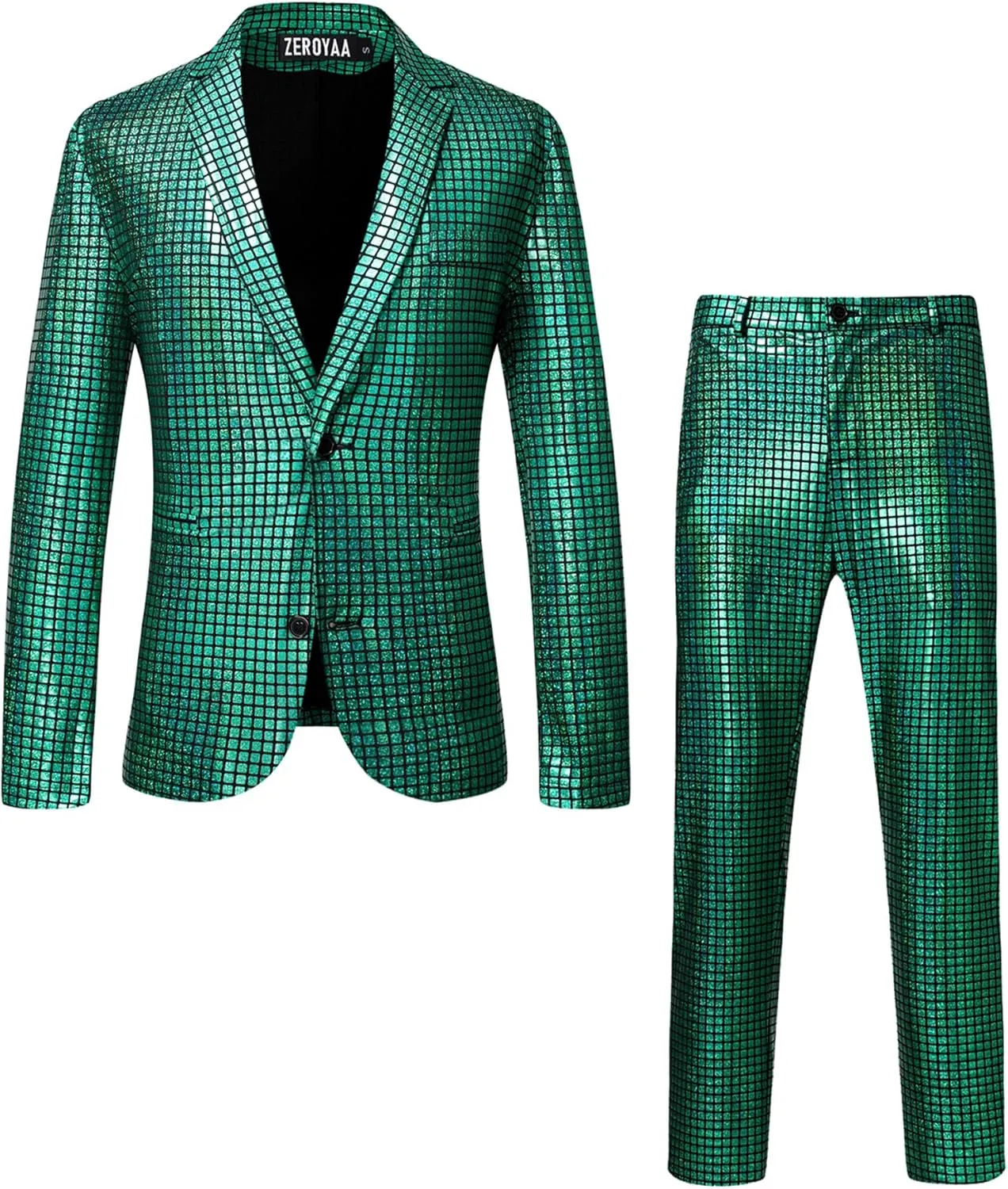 ZEROYAA Men's Metallic Shiny Suits Disco Sequin Blazer and Pants 2 Piece Sets for Party Prom