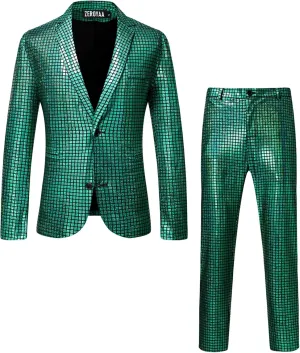 ZEROYAA Men's Metallic Shiny Suits Disco Sequin Blazer and Pants 2 Piece Sets for Party Prom