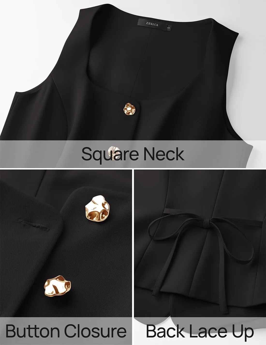 ZESICA Women's 2025 Summer Casual Sleeveless Suit Vest Square Neck Button Down Work Business Blazer Vests Waistcoat