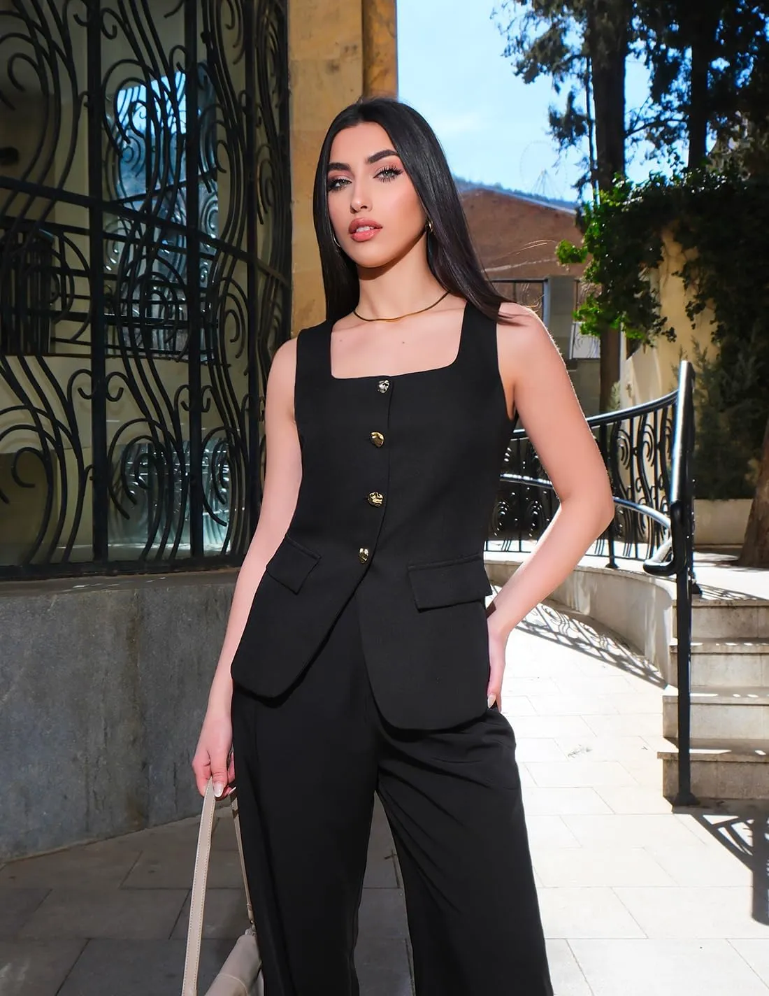 ZESICA Women's 2025 Summer Casual Sleeveless Suit Vest Square Neck Button Down Work Business Blazer Vests Waistcoat
