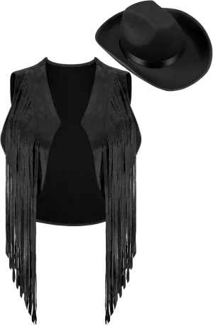 Zhanmai Fringe Vests Cowgirl Outfits for Women Faux Suede Tassels 70s Hippie Clothes Vest Jacket Western Cowboy Hat